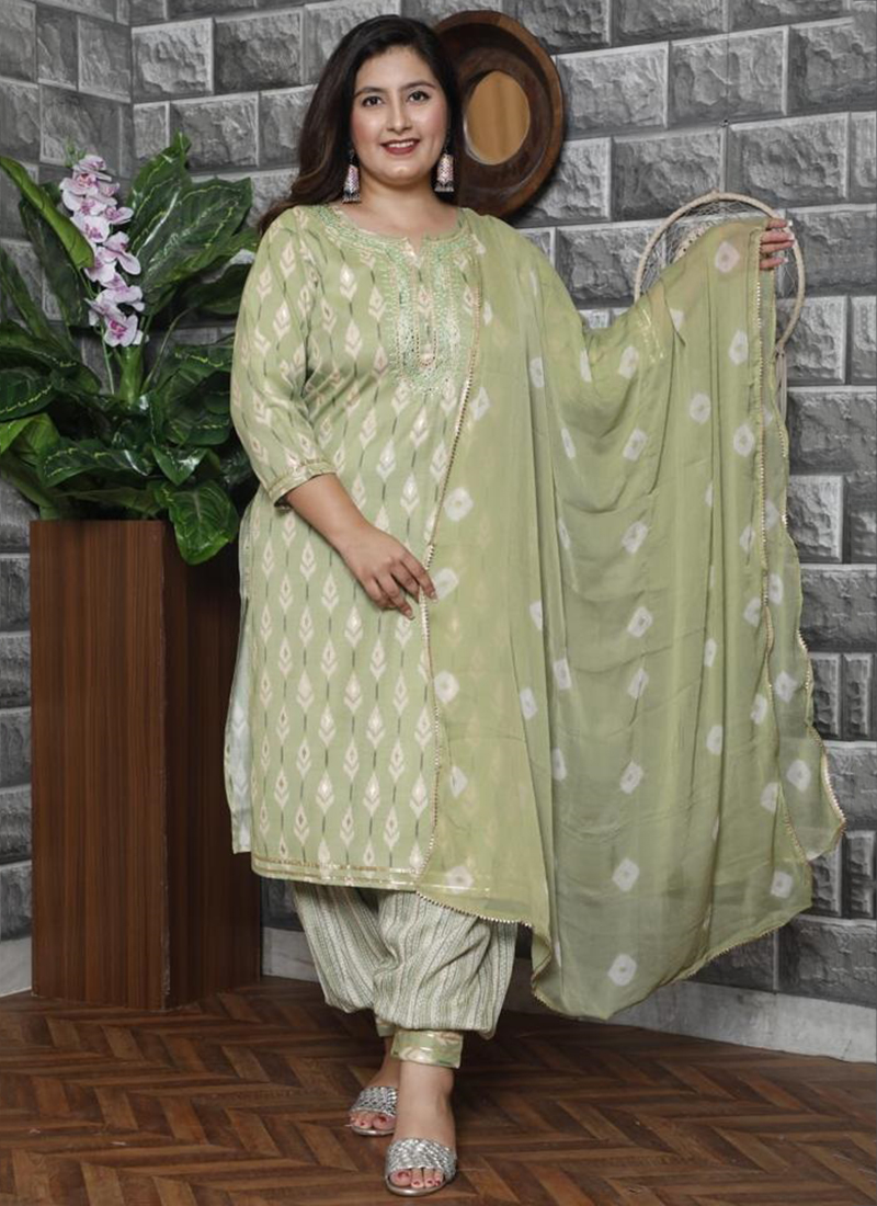 Set Of 48 50 52 54 Sizes Light Green Hand Work Cotton Big Size Afghani Salwar Suit Catalog